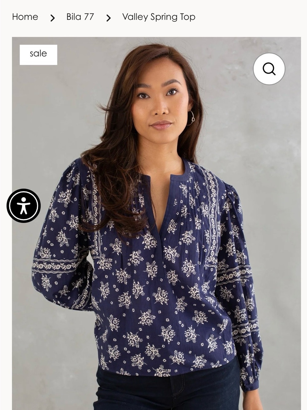 Bila Navy and White Floral Peasant Blouse